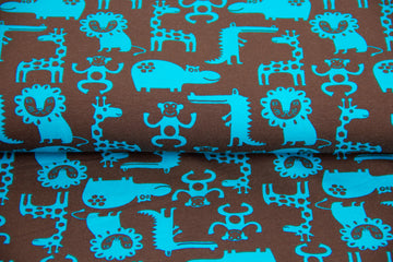 Jersey mit Zootieren, dunkelbraun, aqua, 0,5 m